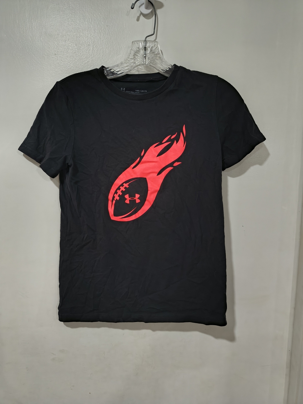 Under Armour Black Short Sleeve Tee with Red Flaming Football Graphic YMD